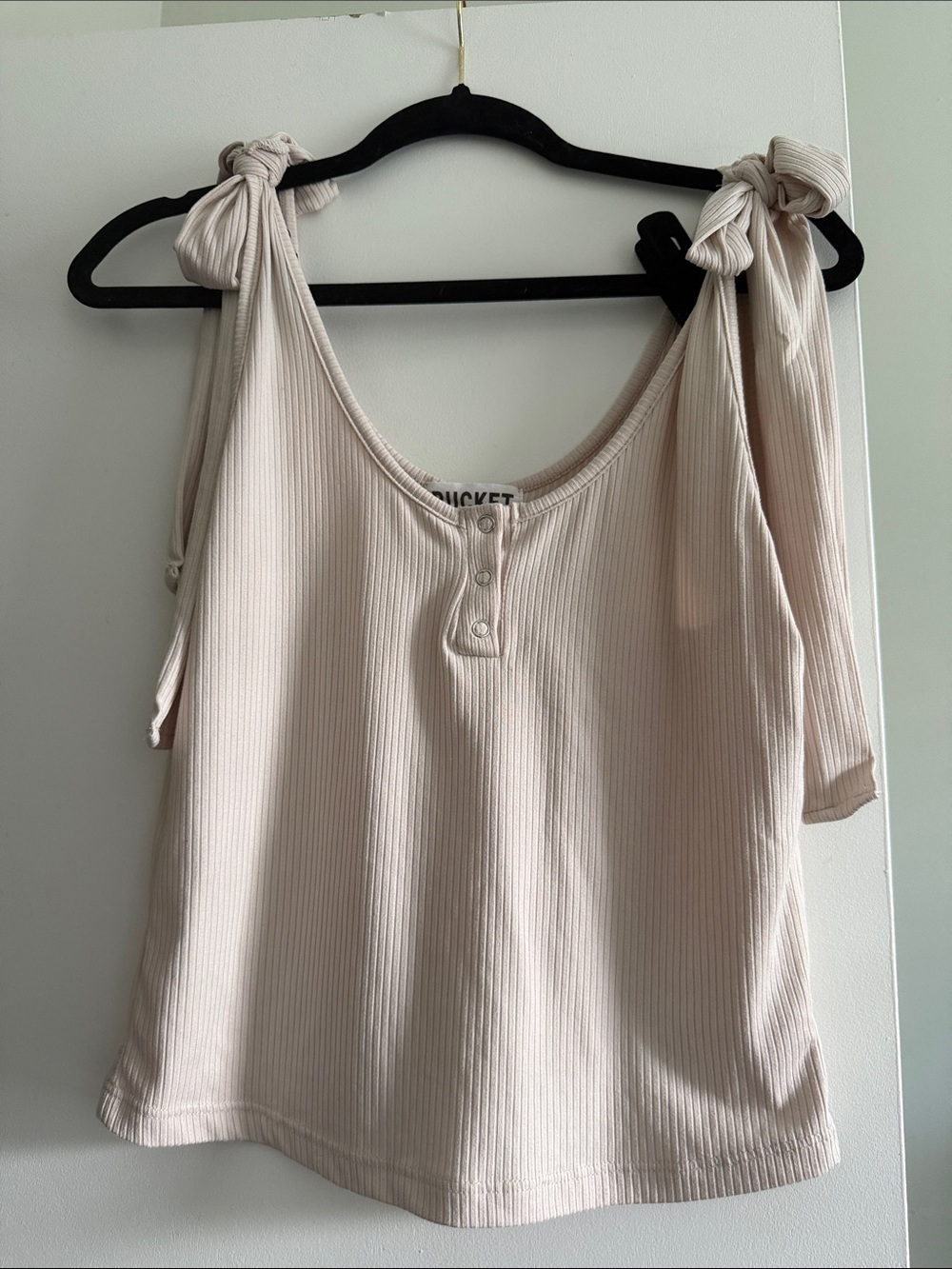 BUCKETLIST Ribbed Tie-Shoulder Tank Top in Light Beige